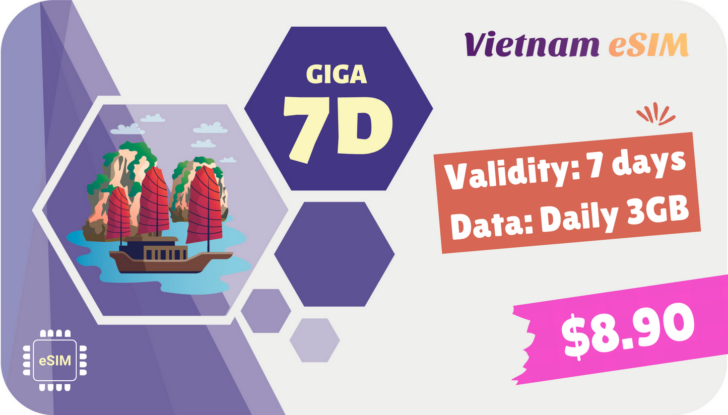 Vietnam eSIM 7 Days - Daily 2GB - Free Vinaphone network calls